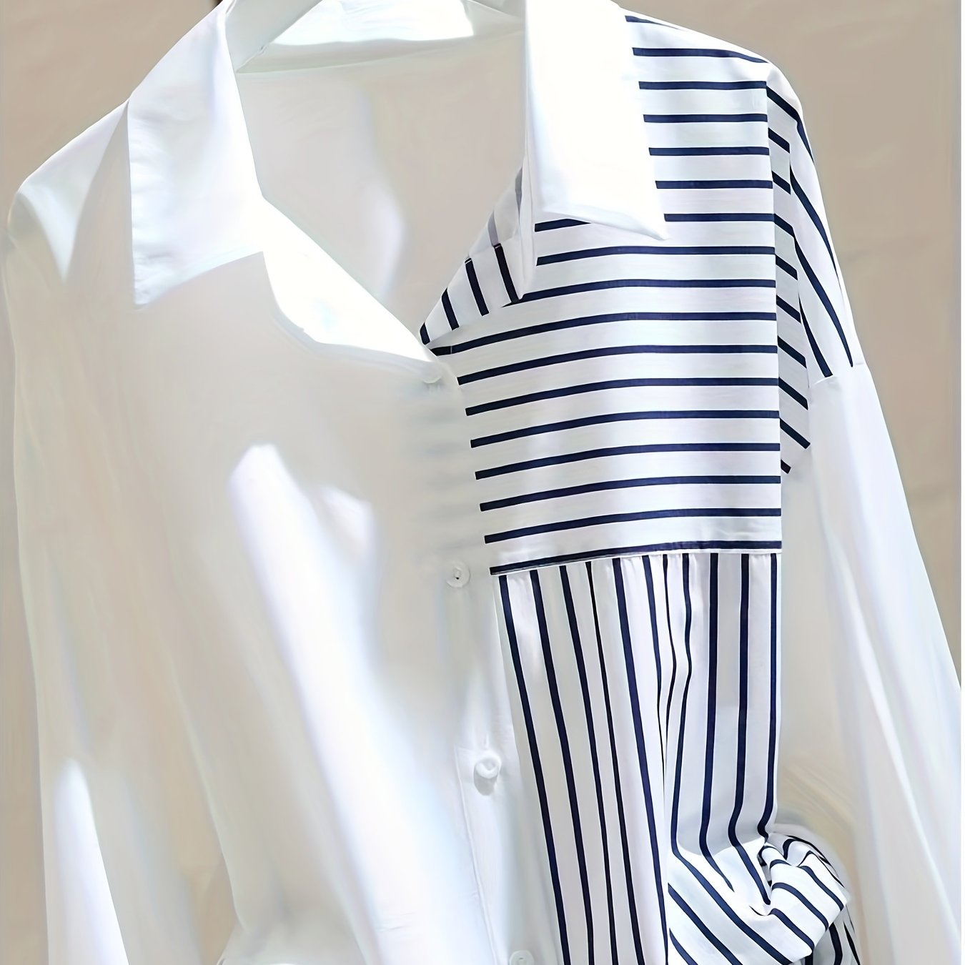 Women's White Loose-Fitting Shirt with Striped Patchwork for Spring and Autumn