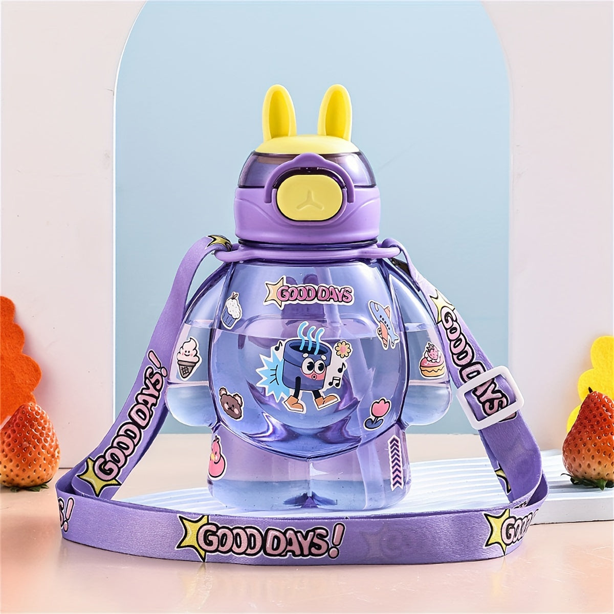 650 мл пластиковая многоразовая бутылка для воды с крышкой-кнопкой, мультяшный аниме-ремень, портативная, милая