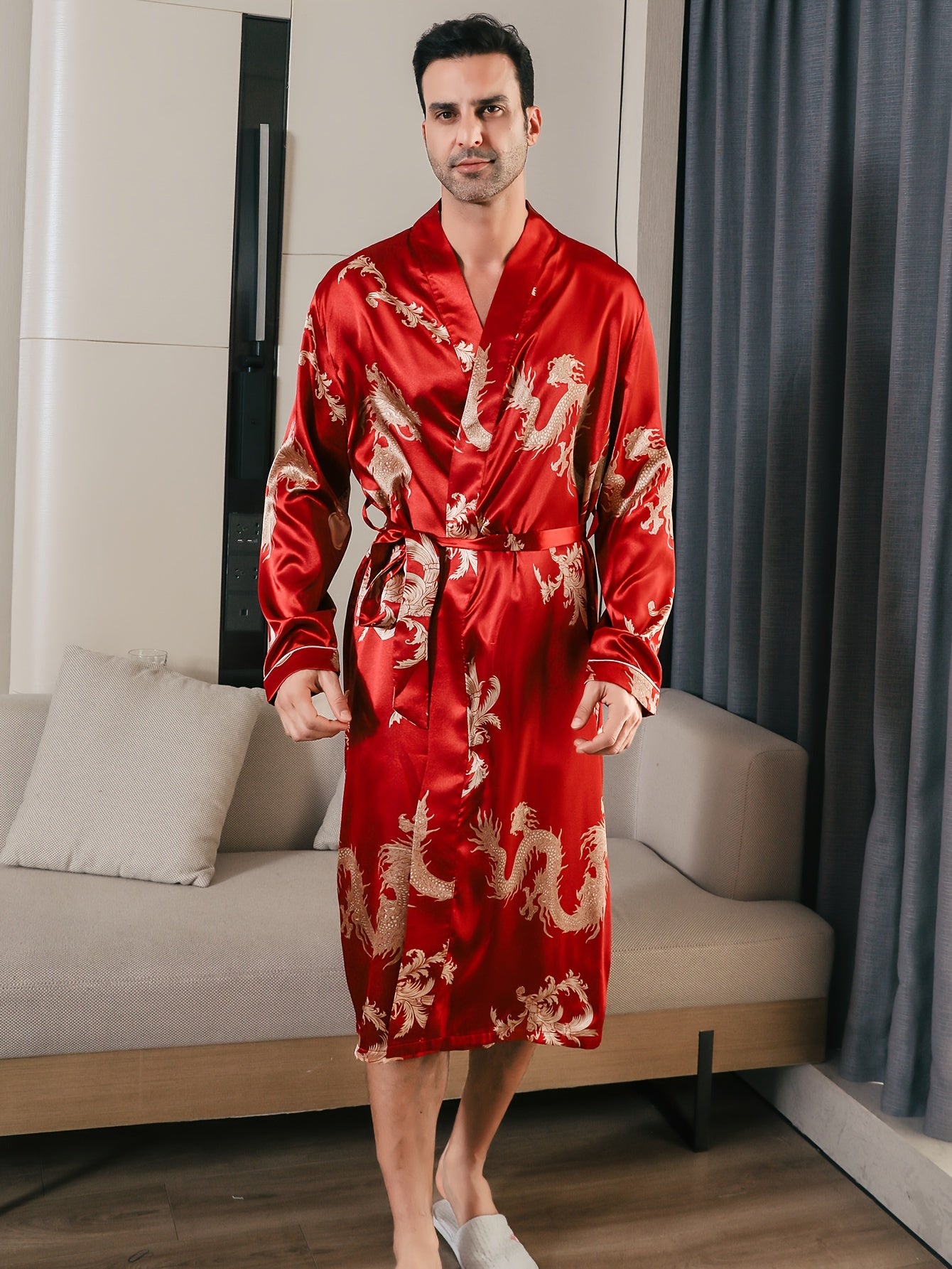 Men's Long Sleeve Robe with Golden Dragon Print Casual Pajama Loungewear Polyester