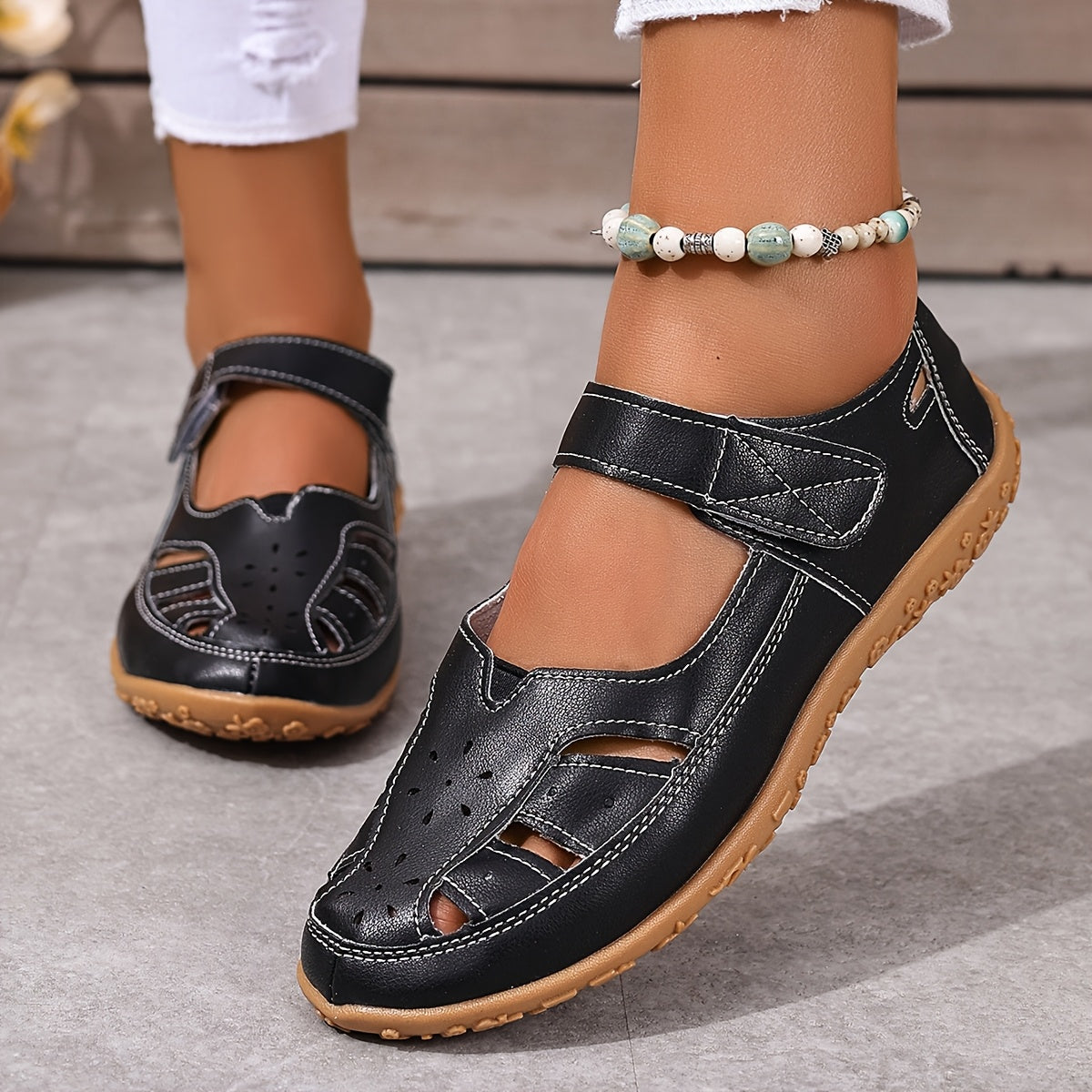 Women's Summer Flat Sandals White Microfiber Cap Toe Ankle Strap