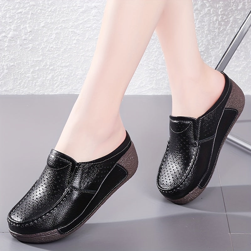 Women's Slip-On Loafers Summer Hollow-Out Round Toe Soft Non-Slip Comfort Leather