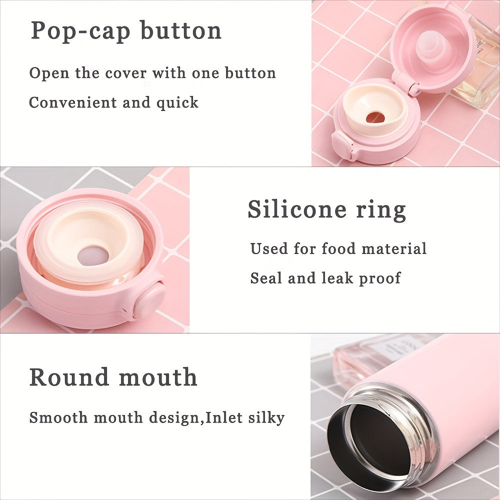 Maxsus lazer bilan o'yilgan matnli zanglamas po'latdan yasalgan suv shishasi, o'lchamlari 7-320ml/11-420ml, qulay foydalanish uchun ko'tariladigan qopqoq, sport va sayohat uchun ideal.