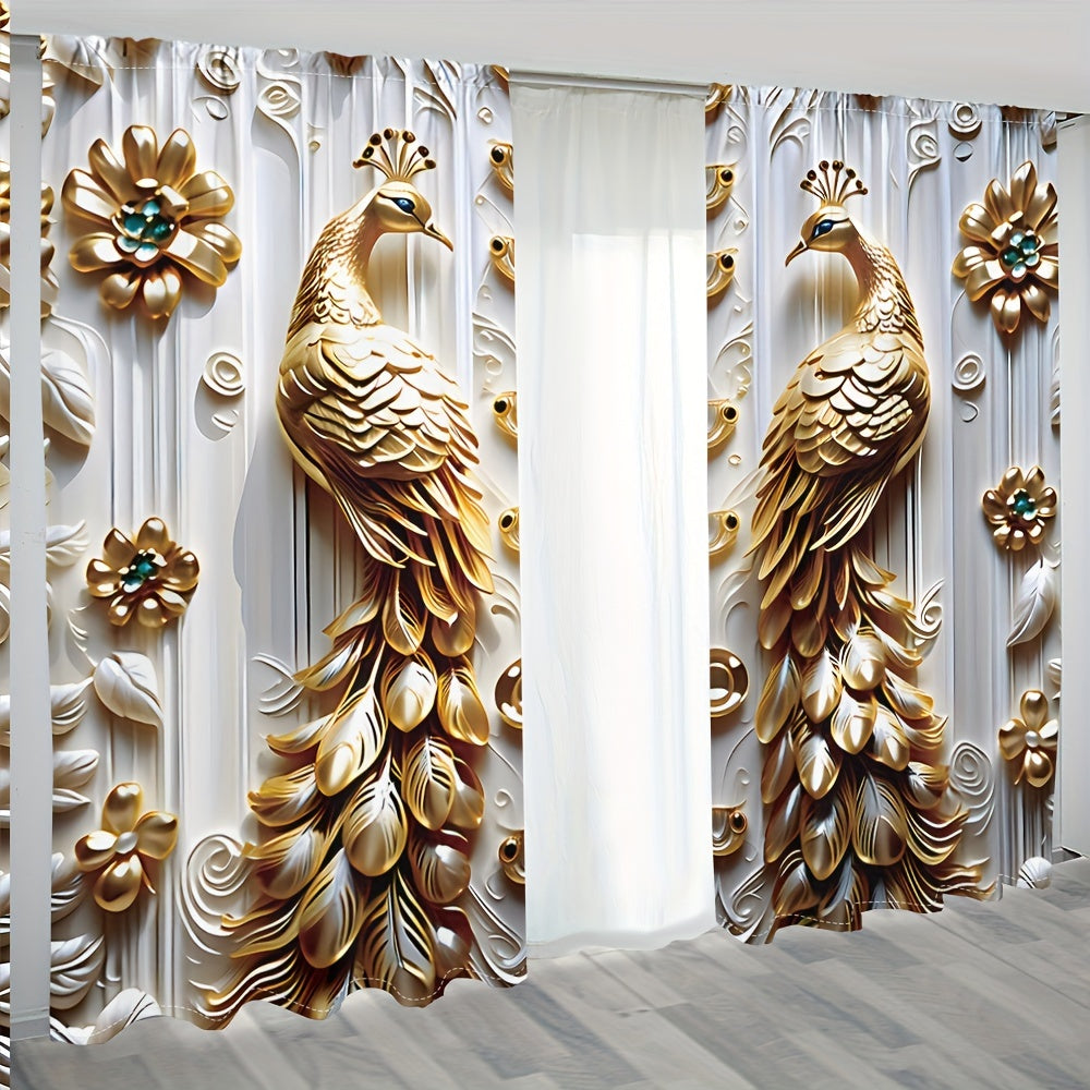 Golden Peacock Floral Print Semi-Sheer Polyester Curtains Rod Pocket for Living Room Bedroom Kitchen
