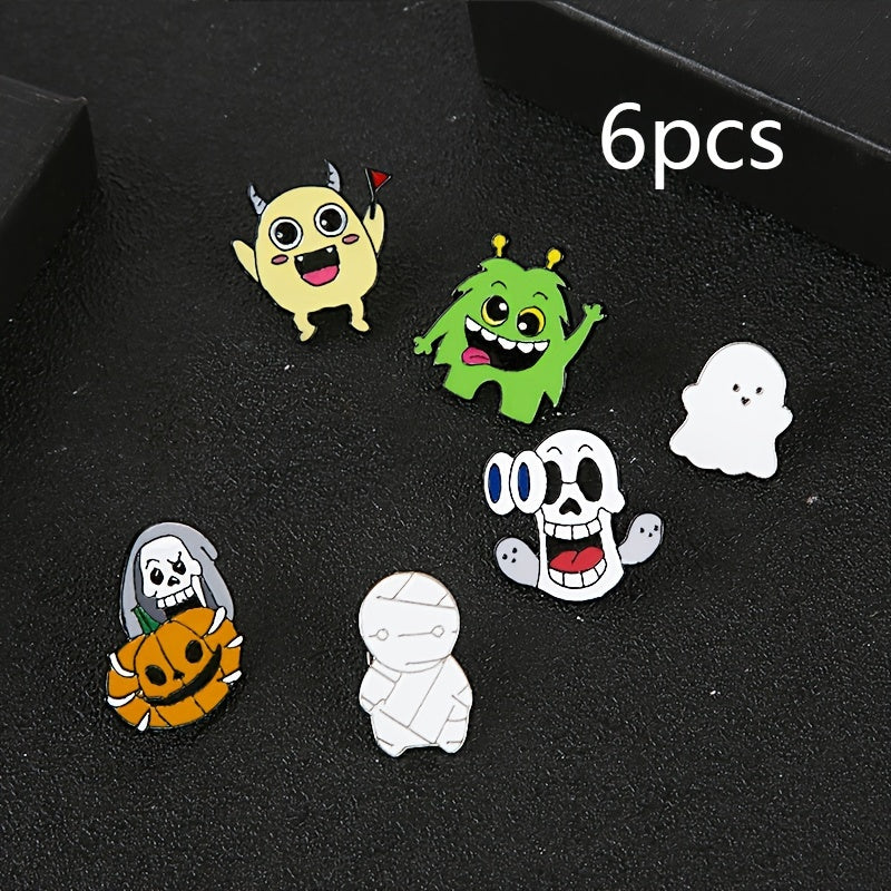 Hallowe'en multfilm alyuminiy pinlar to'plami, 6 dona emalli lapel nishonlari, ruh, mumiyo, qovoq bosh, sumkalar, shlyapa uchun
