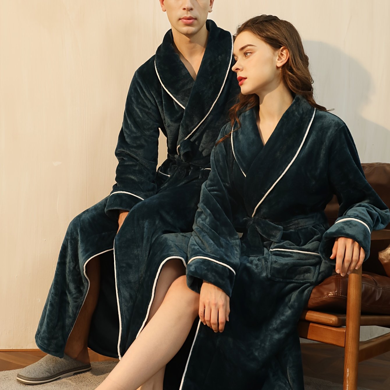 Men's Flannel Bathrobe with Coral Fleece Lining Long Sleeve Solid Color Winter Casual