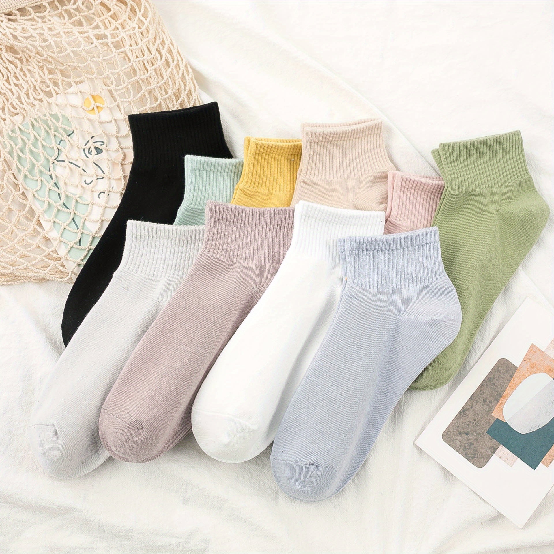 Women’s Crew Socks 10 Pairs Solid Color Comfortable Knit Polyester Spandex