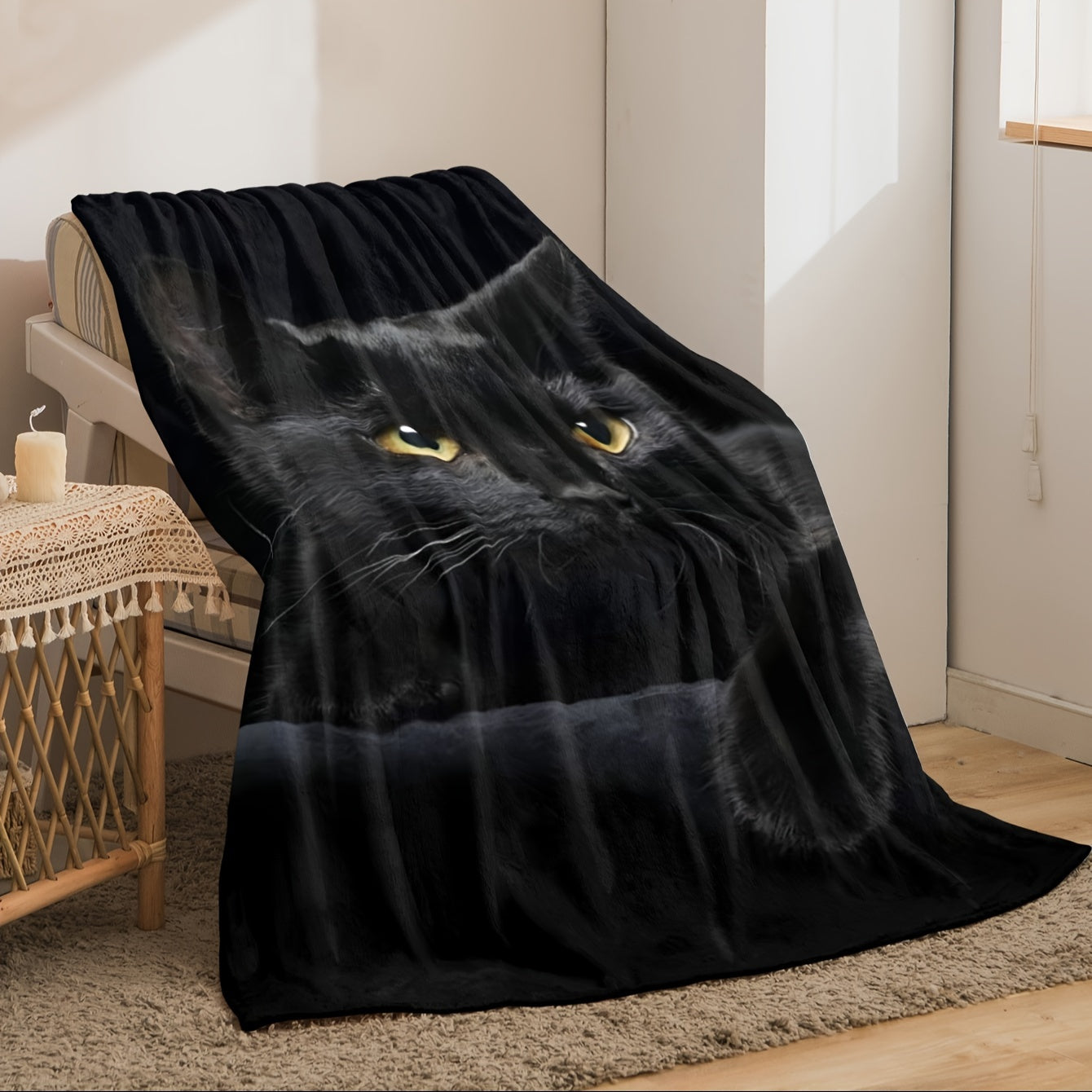 Cozy Flannel Blanket for Cat Lovers Black Cat Digital Print Soft Warm Gift