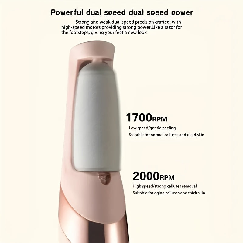 USB-заряжаемый инструмент для ухода за ногами с двойными роликовыми головками для гладких стоп, разработанный для домашнего спа-опыта. Выполнен в розовом цвете с золотыми акцентами и эргономичным дизайном для современного эстетического восприятия.