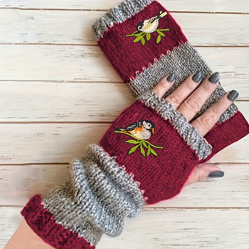 Warm Fingerless Gloves with Double Color Block Design and Hummingbird Embroidery