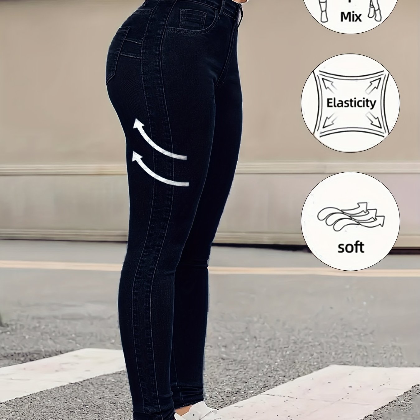 Jeans ajustados elásticos de talla grande para mujer, color sólido, pantalones casuales