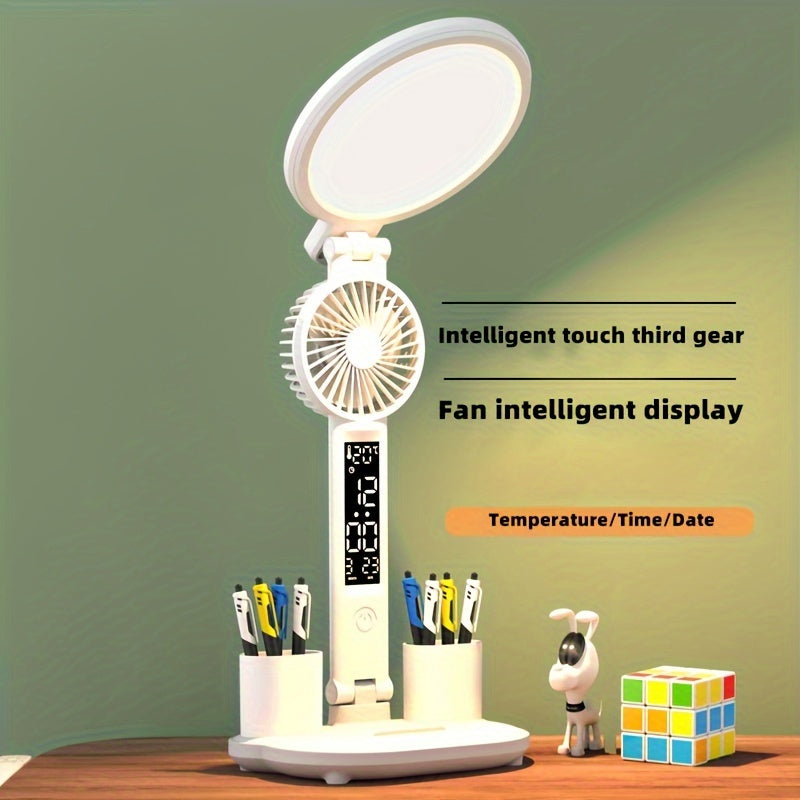 LED Desk Lamp with Eye Protection, Touch Control, Foldable Design, Built-in Fan for Reading in Bed