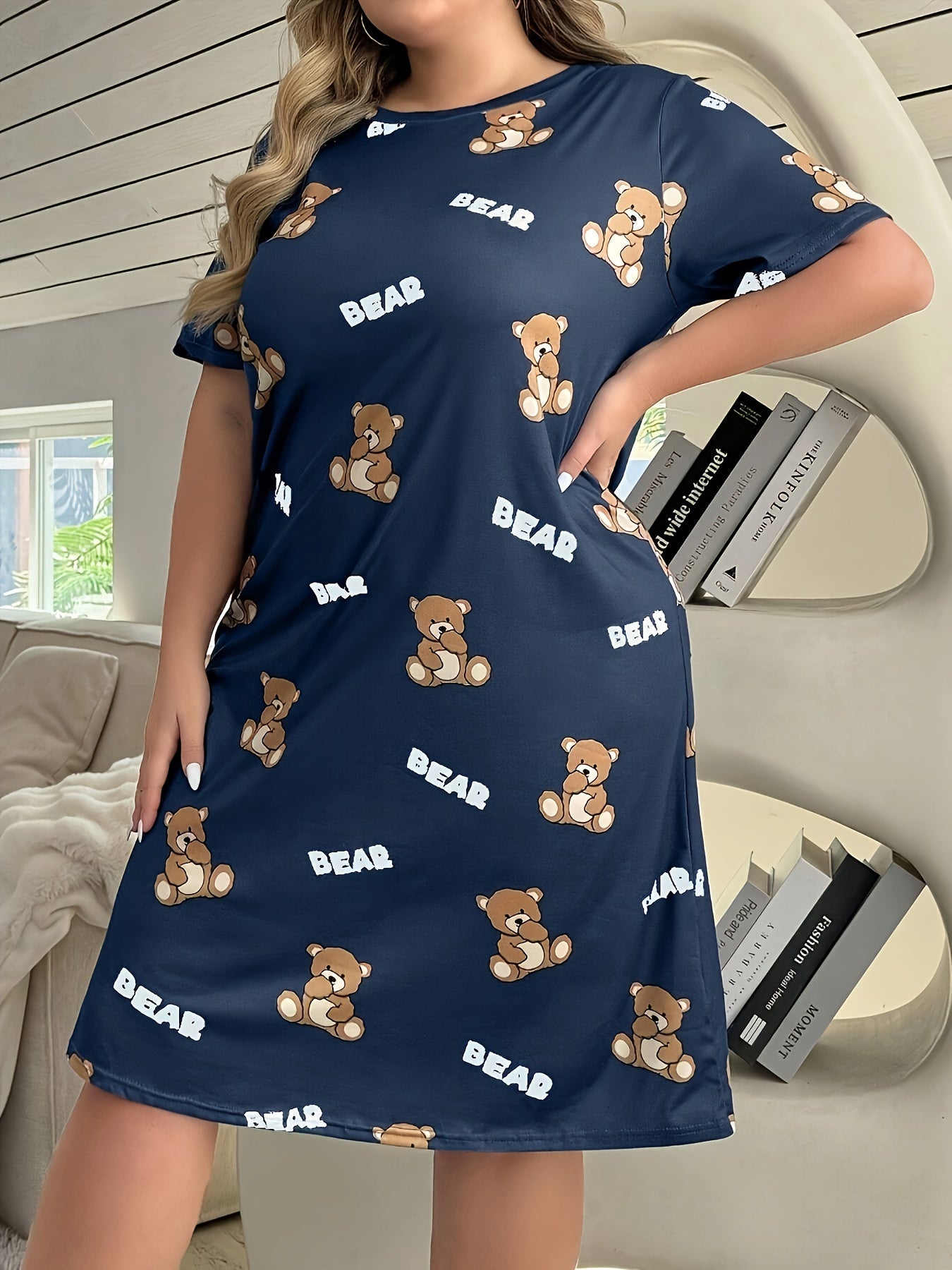 Women's Gray Cartoon Bear Print Sleepshirt Short Sleeve Nightgown