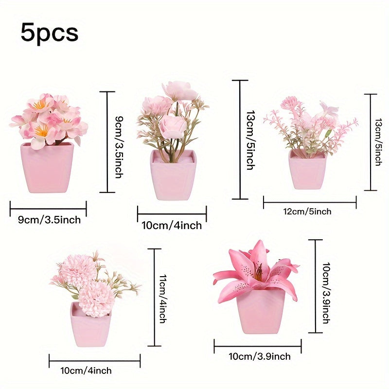 Mini Pink Artificial Plants with Faux Rose and Peach Embroidered Ball Flowers for Wedding Home Office Decor