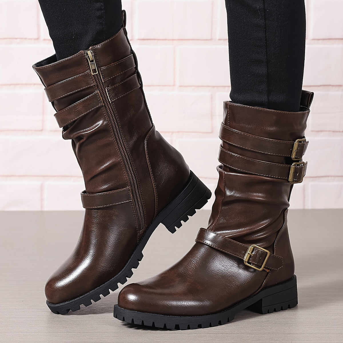 Women's Solid Color Chunky Heel Boots with Side Zipper Mid Calf Boots