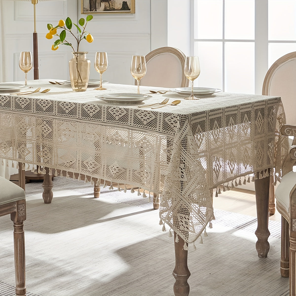 Beige Crochet Tablecloth with Tassels for Home and Party Table Settings