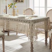 Beige Crochet Tablecloth with Tassels for Home and Party Table Settings