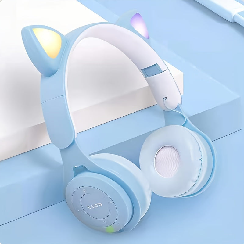 Wireless Headset with Luminous Cat Ears, LED Lights, Foldable, Wireless, for Travel and Gaming