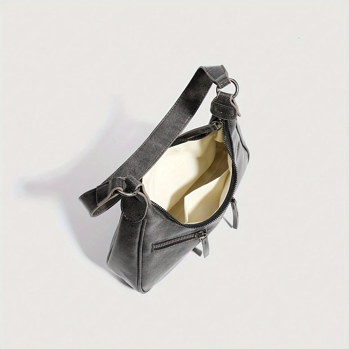 Y2K Punk uslubidagi vintage mototsikl yelka sumkasi ayollar uchun, qora kulrang sintetik charm, sozlanadigan tasma va zip yopilishi bilan