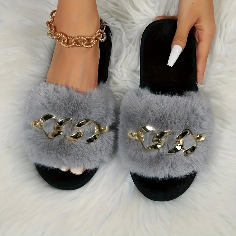 Women’s Faux Fur Slip-On Slides with Chain Link Detail and TPR Sole