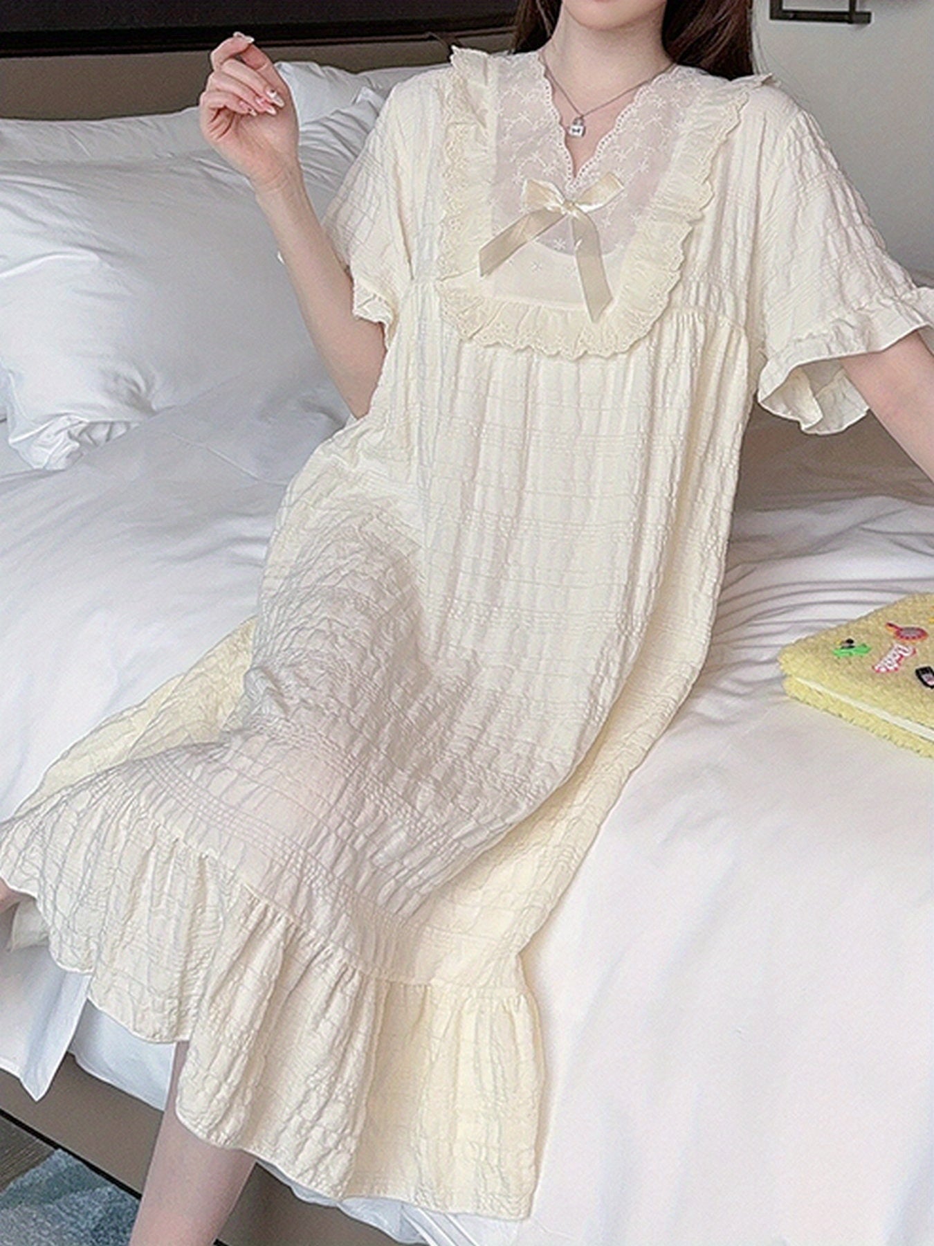 Женская ночная рубашка с коротким рукавом, летняя, с рюшами, свободного кроя, ночное платье