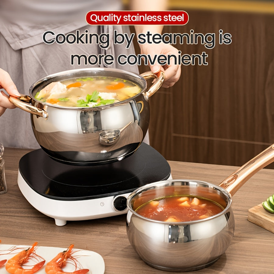 Juego de utensilios de cocina de acero inoxidable de 12 piezas con ollas, sartén, cazo y tapas