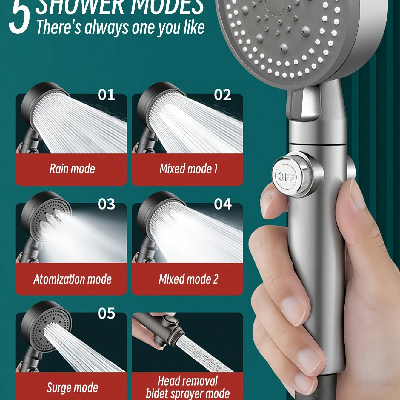 5-Mode Handheld Shower Head Set with On/Off Switch and Universal Connector