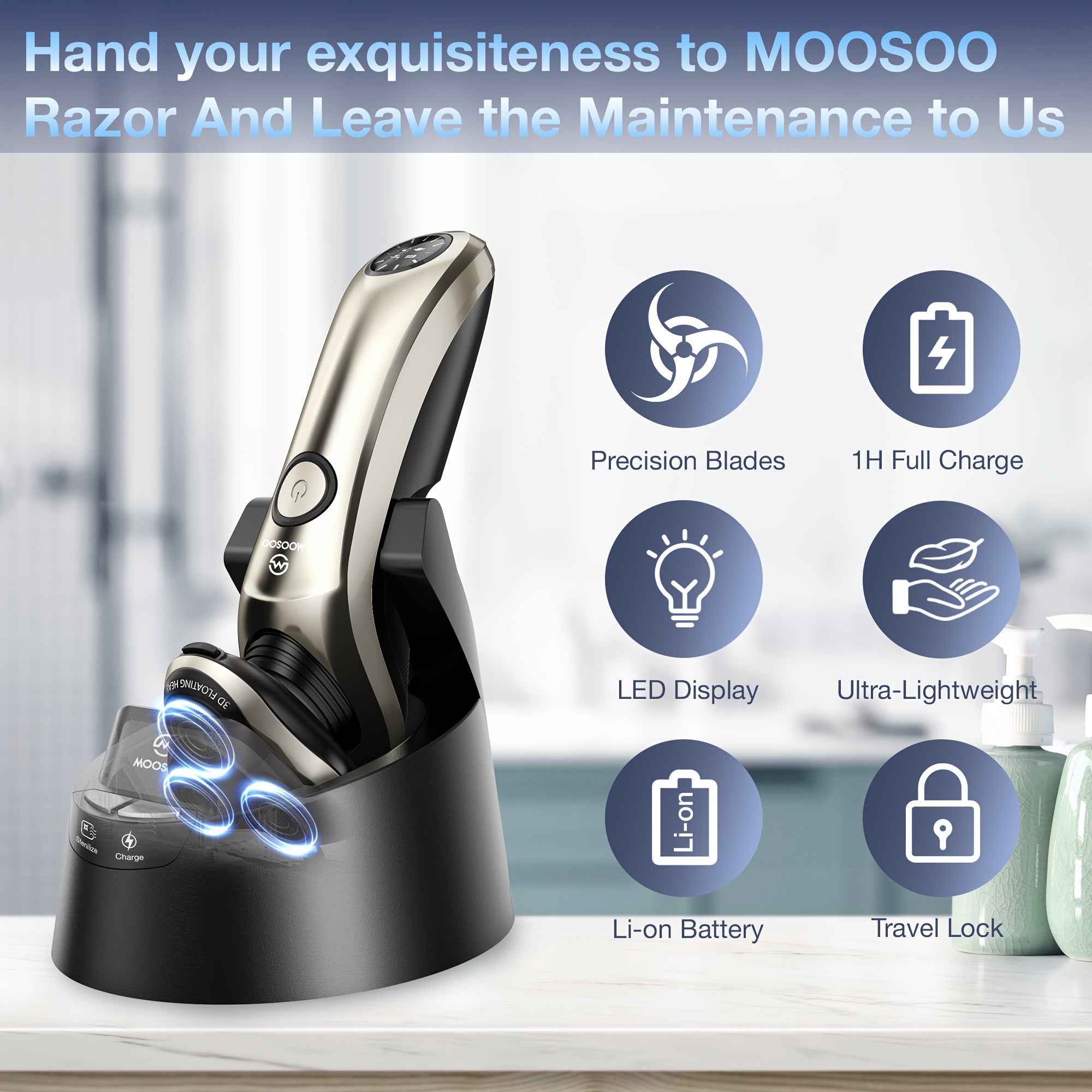 Afeitadora eléctrica para hombres húmeda y seca, pantalla LCD, recortadora de precisión, estación de limpieza y carga, navajas de acero inoxidable