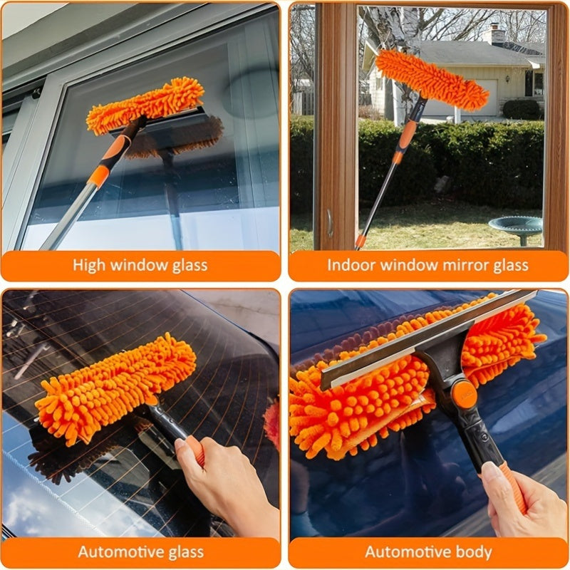 2-in-1 Window Cleaning Kit Telescopic Handle Microfiber Squeegee Orange