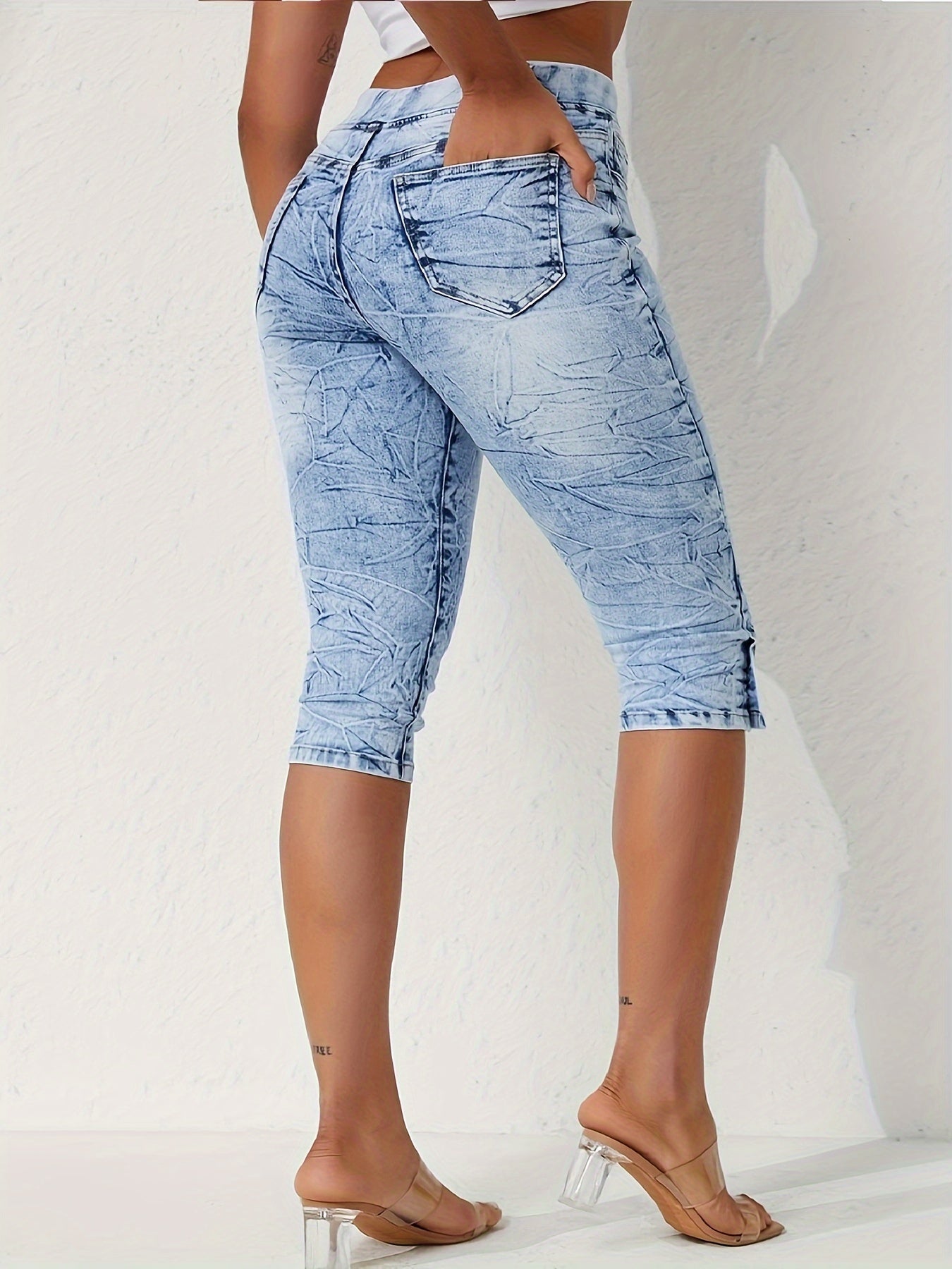 Women's Plus Size High-Waisted Tie-Dye Denim Jeans With Elastic Drawstring