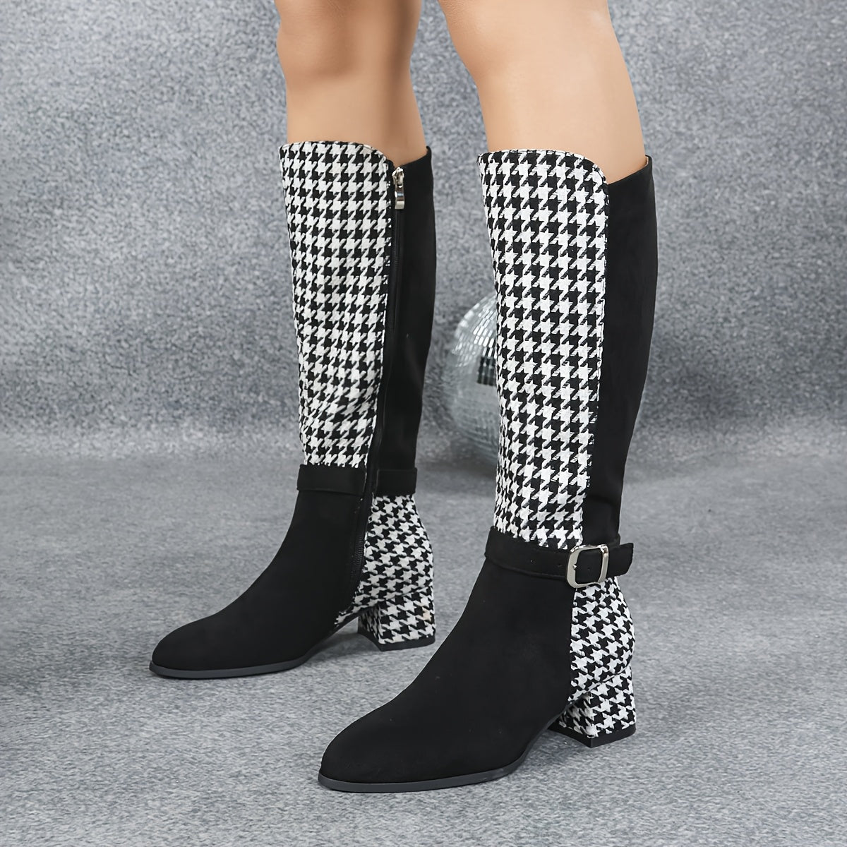 Women Houndstooth Black Block Heel Ankle Boots with Side Zipper
