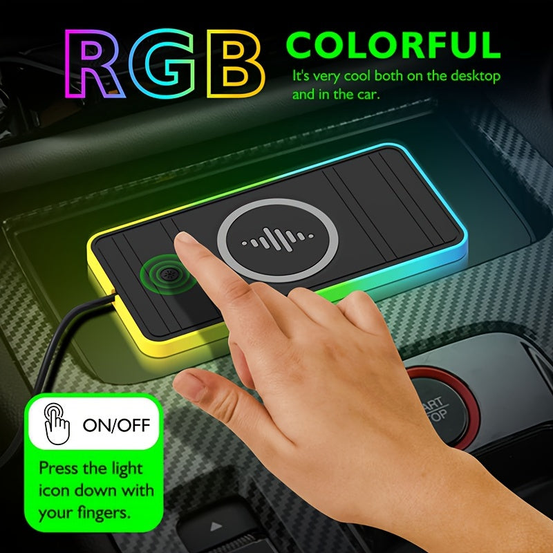 RGB Colorful Wireless Car Charger with 15W Fast Charging and Anti-Slip Board