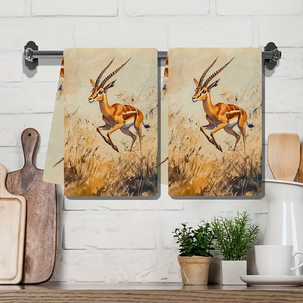 2 ta Ultra-Plush Oshxona Sochiqlari To'plami - Elegant Gazelle Grasslands Print, Super Qabul Qiluvchi va Oson Tozalanuvchi Qo'l Sochiqlari, Zamonaviy Qirg'oq Uslubi, 40.64x60.96 sm, Idish Sochiqlari