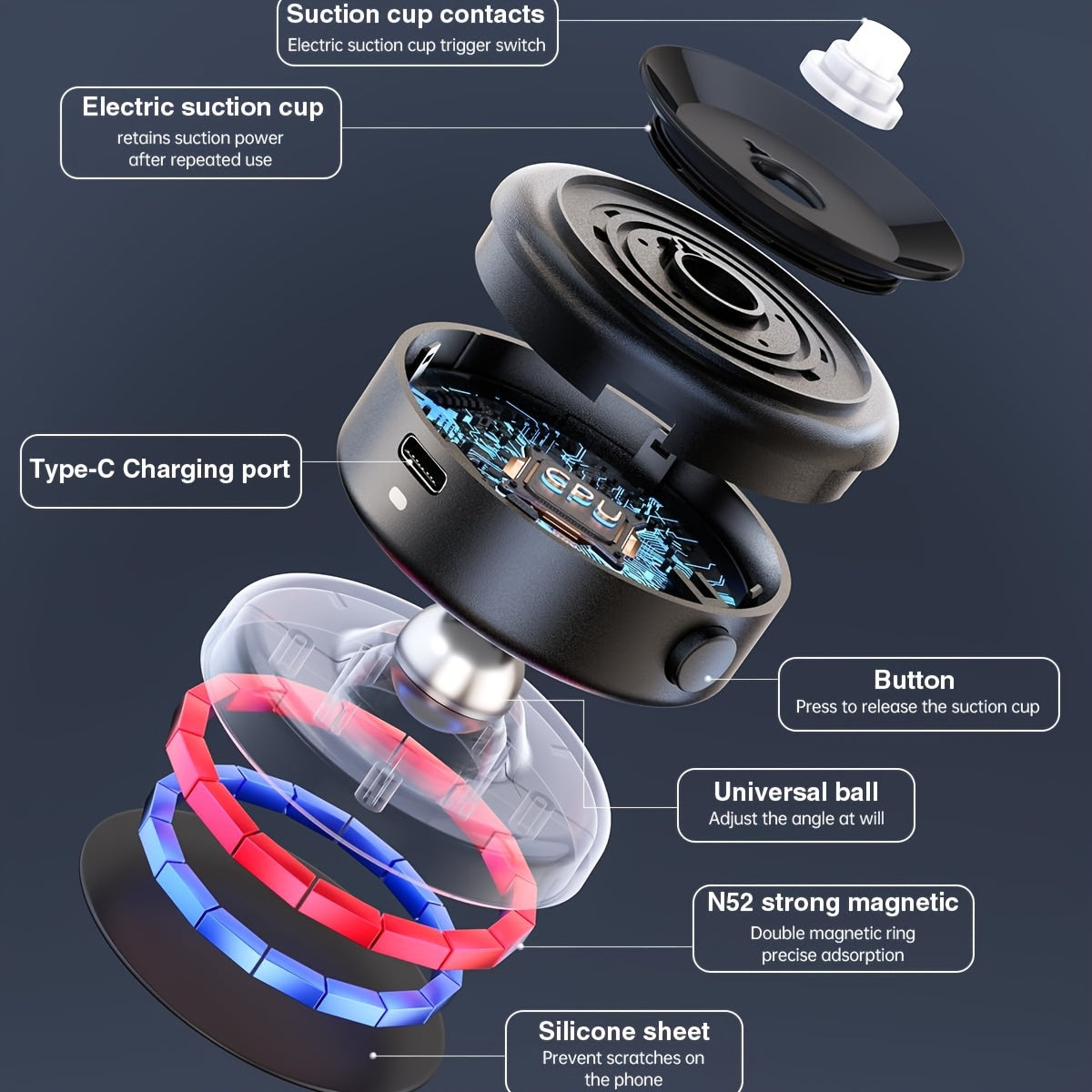 Universal Magnetic Phone Holder ABS Car Mount Black 360° Rotation