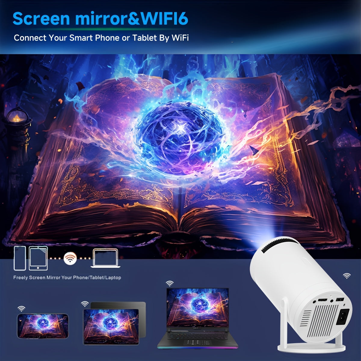 Portable 1080P Smart Projector with Android, 5G WiFi6, Auto Correction