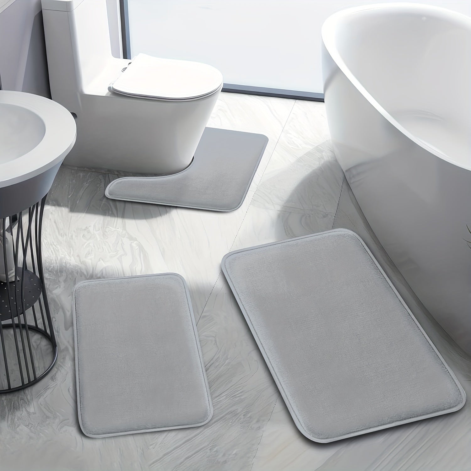 Set of 3 Memory Foam Bath Mats Non-Slip U-Shaped Toilet Cover Bathroom Decor