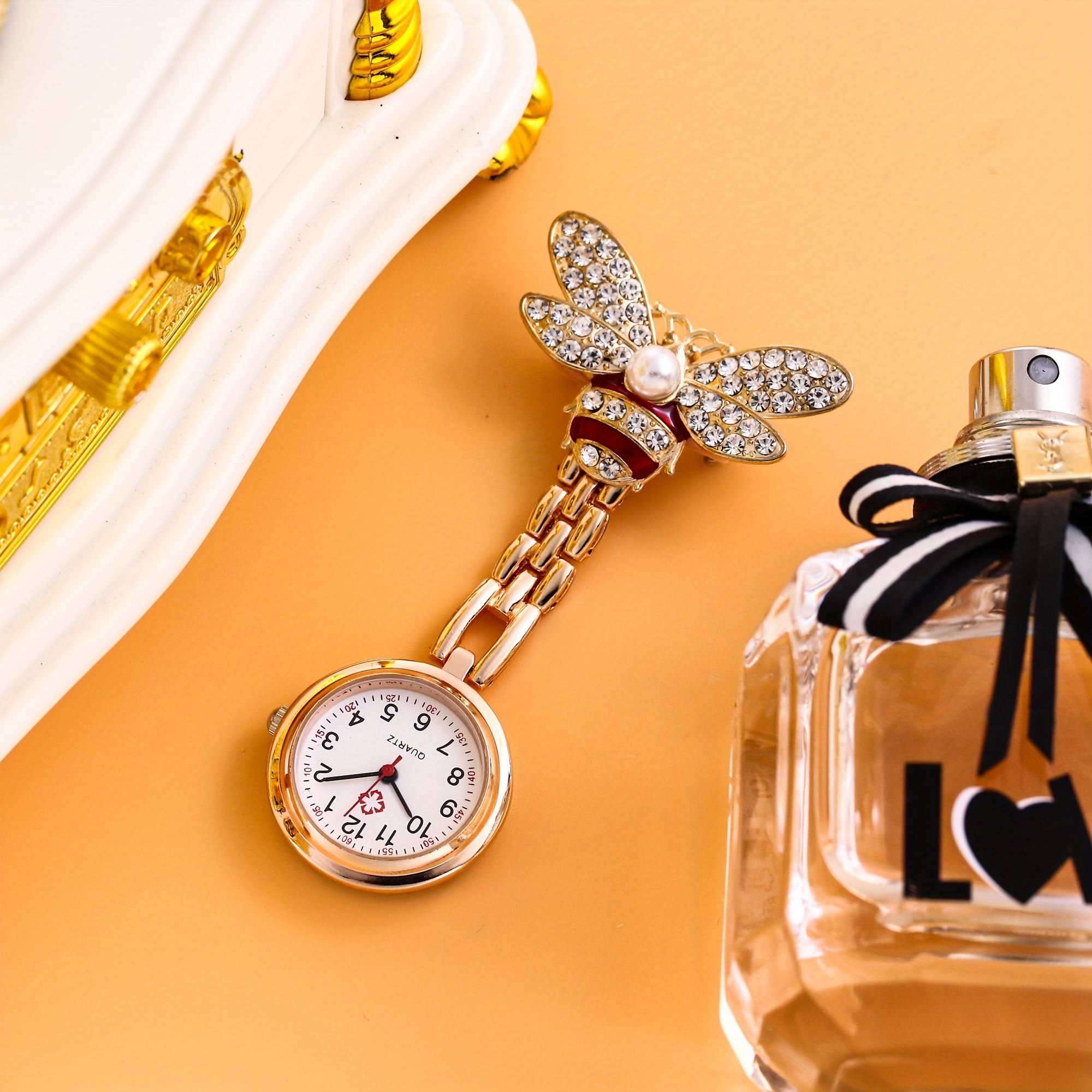 Sparkling Rhinestone Bee Nurse Brooch Medical Animal-Themed Doctor Paramedic Fob Watch