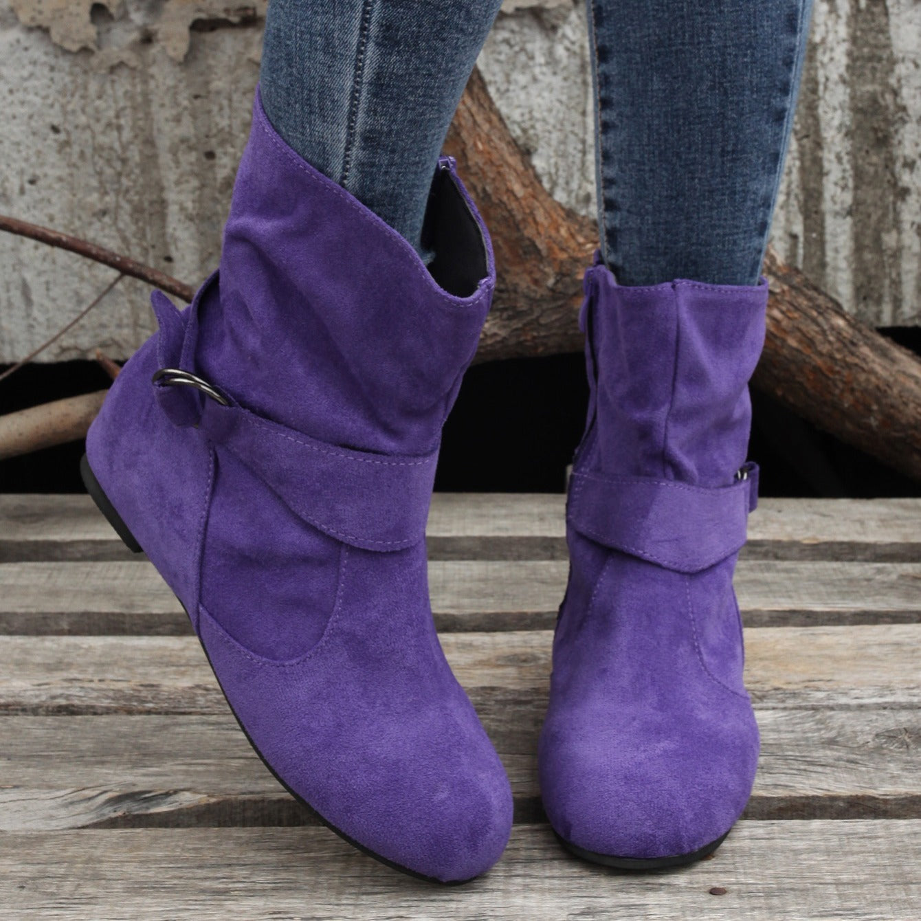 Women's Ankle Boots Solid Color Round Toe Buckle Side Zipper Outdoor Shoes