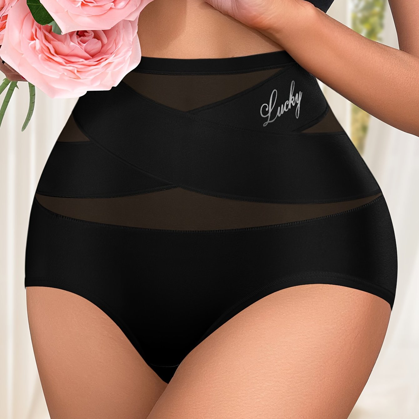 Women's Seamless High Waist Briefs with Letter Print and Cross Strape Support