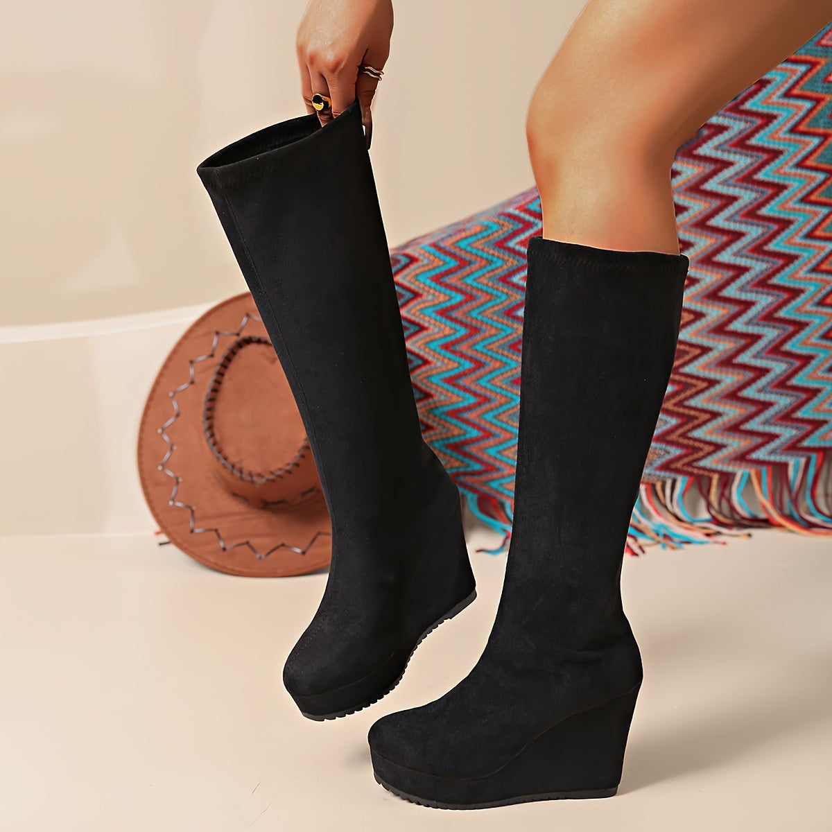 Women's Knee-High Platform Heel Boots Rubber Sole Fabric Lining