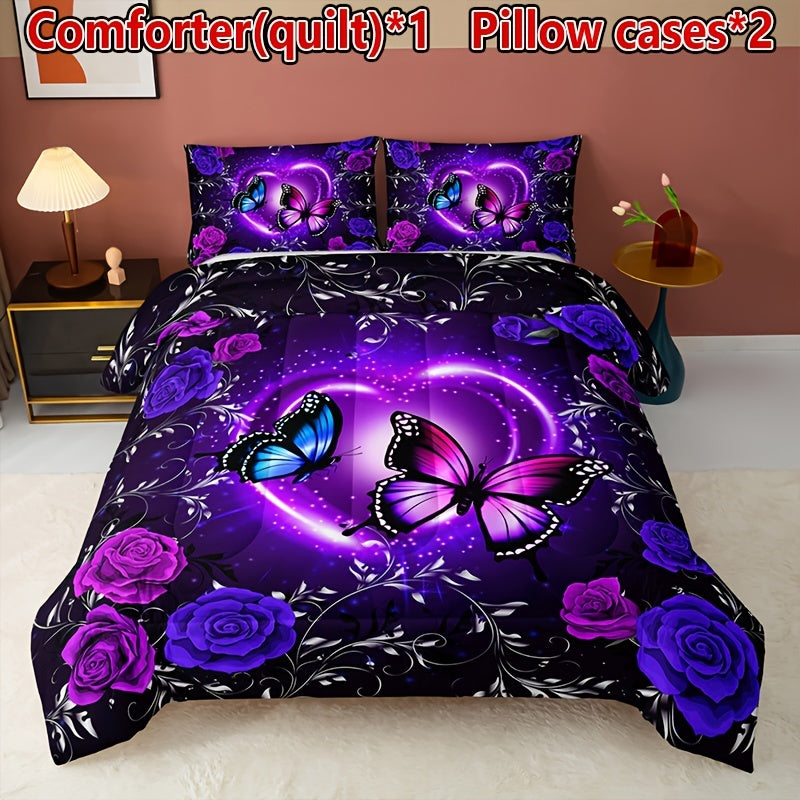 Set of 3 Purple Butterfly Floral Quilt Bedding Set with Pillowcases All Season Soft Breathable