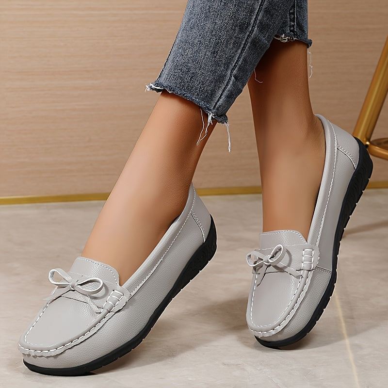 Women's White Faux Leather Loafers with Bow Slip-On Flats for Casual and Nurse Use