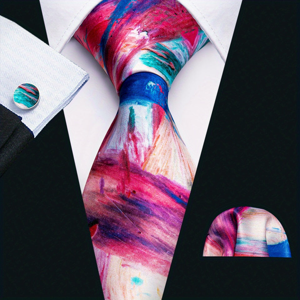 Men's Formal Wedding Tie Set with Jacquard Striped Necktie Pocket Square and Cufflinks