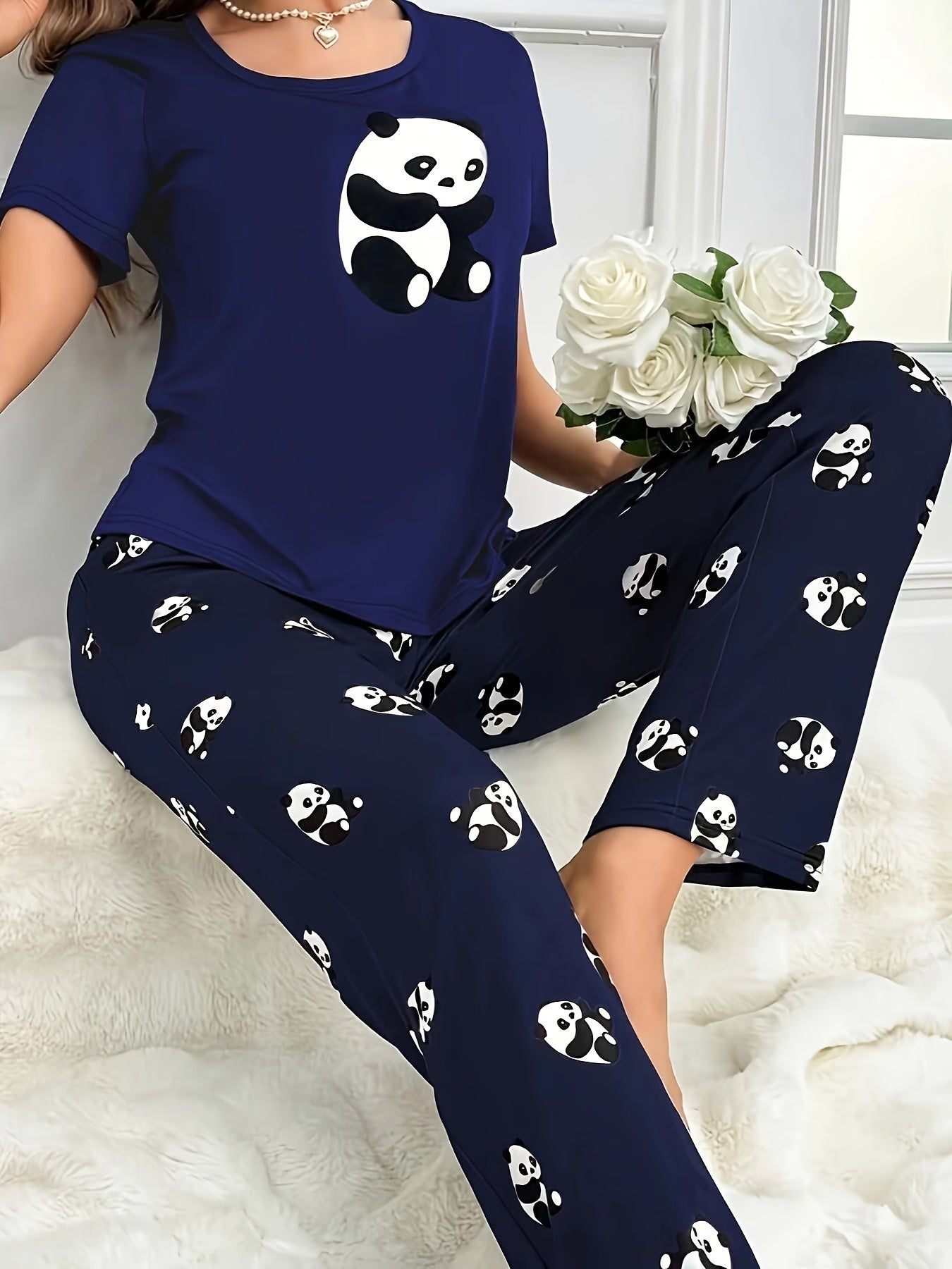 Adult Panda Print Pajama Set with Cartoon Pattern, 100% Polyester, Fall Casual Sleepwear