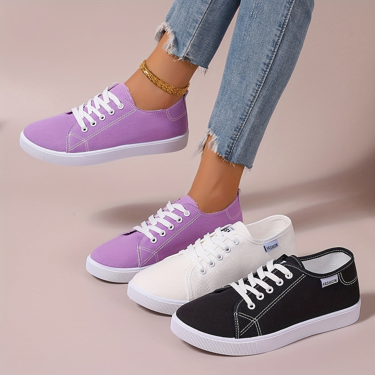 Women’s Casual Low-Top Lace-Up Sneakers Breathable Fabric All-Season Shoes