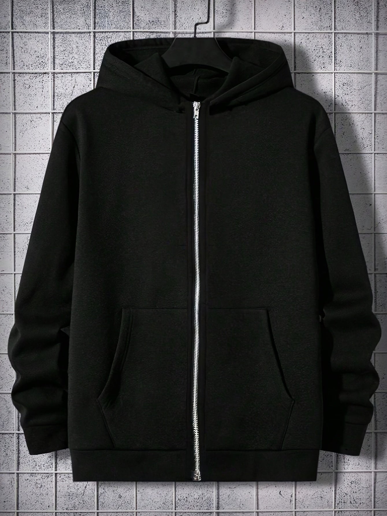Men's Black Polyester Casual Zip-Up Hoodie Plus Size for Outdoor Sports
