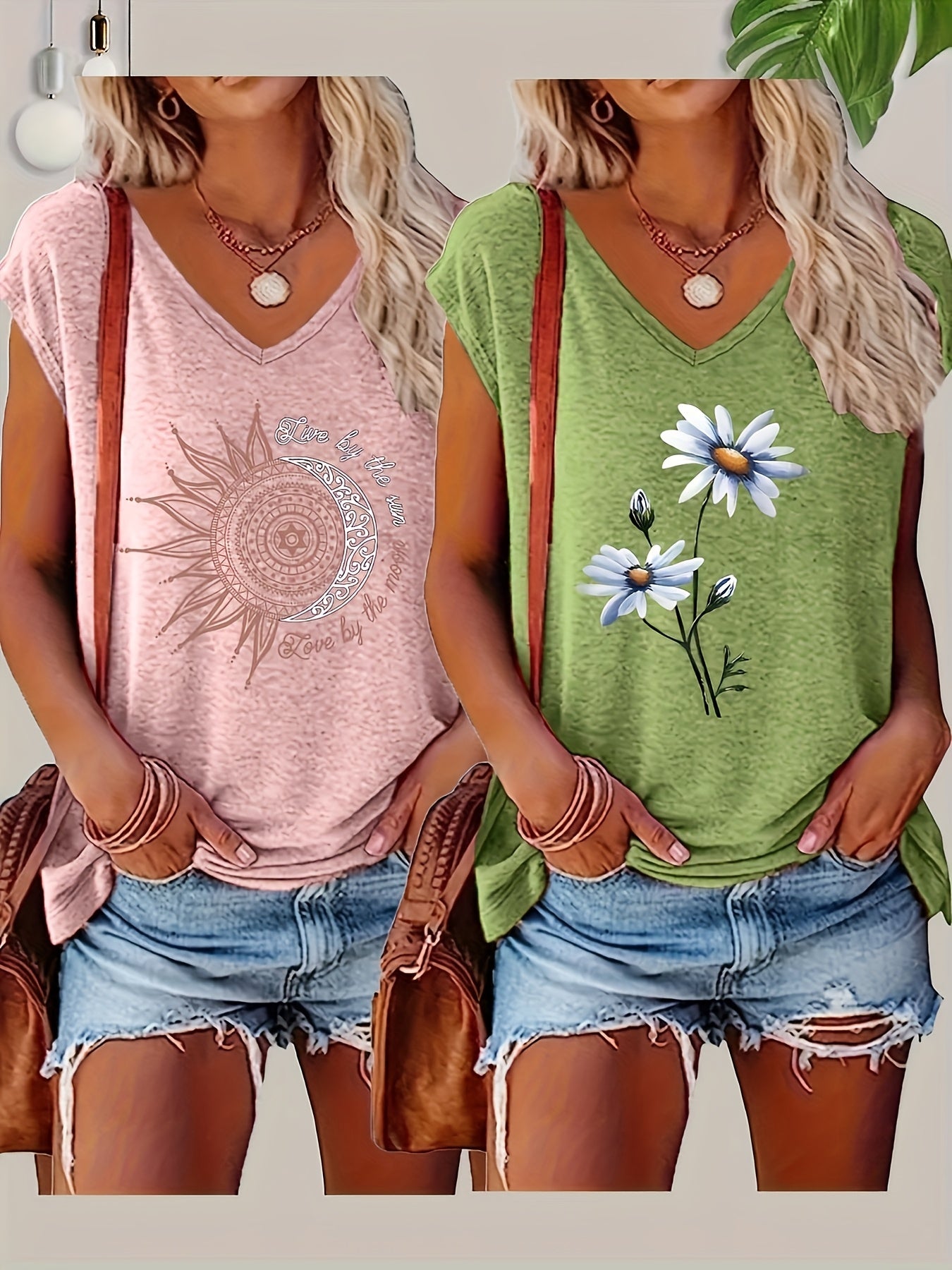 Women's V-Neck T-Shirts, Short Sleeve, Casual Spring Summer, 2 Pack
