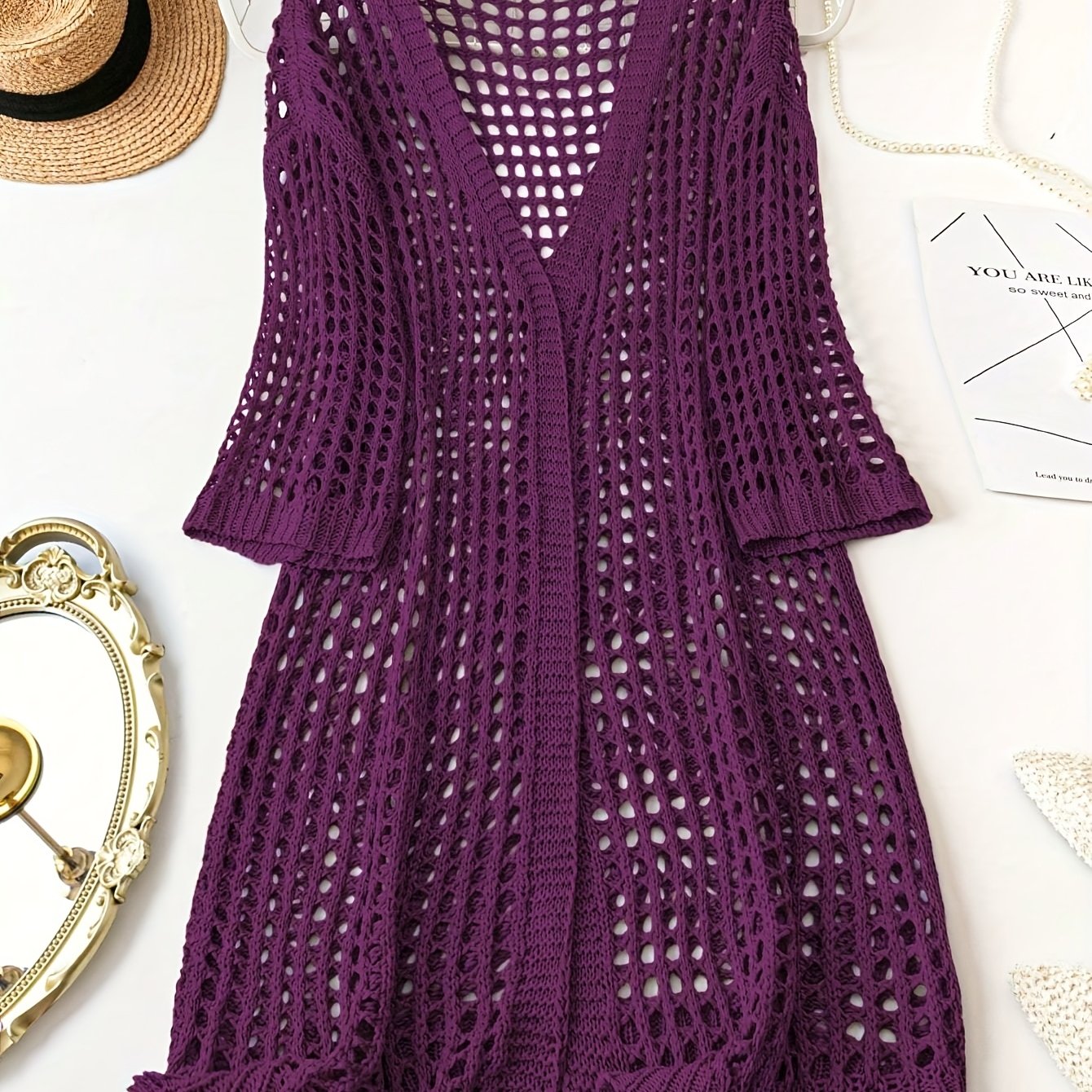 Women Plus Size V-Neck Cardigan Acrylic Hollow Knit Solid Spring Summer