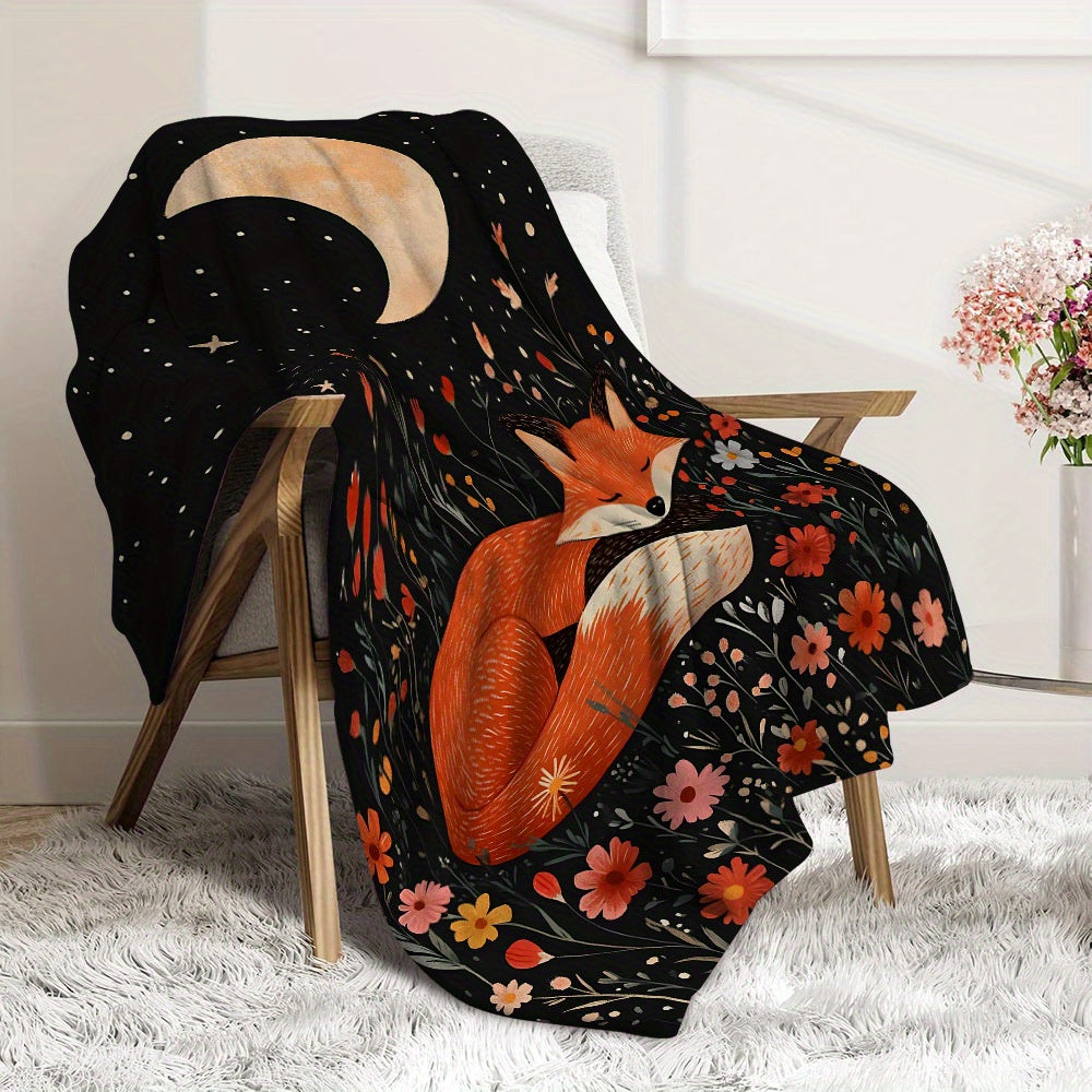 Contemporary Flannel Fleece Throw Blanket with Fox and Floral Print All-Season Warmth
