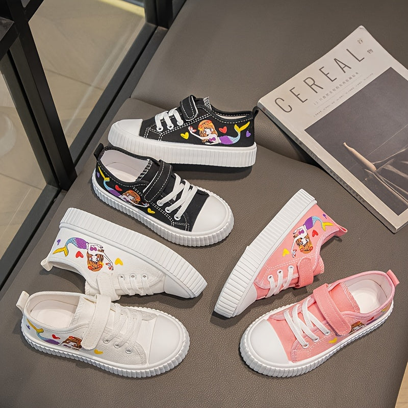 Girls Cartoon Mermaid Low Top Canvas Sneakers Lightweight Non-Slip All Seasons