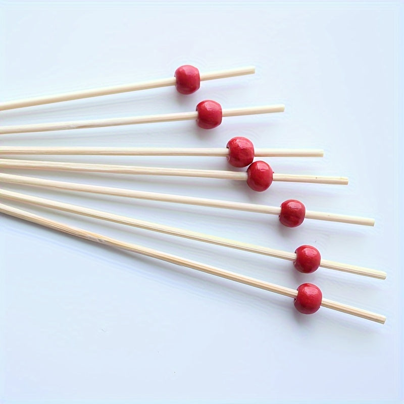 High-Quality Bamboo Cocktail Picks with Red Beads Disposable Fruit Skewers for Parties